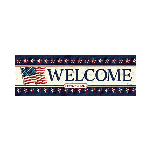 Decorative yard sign with 'WELCOME', '1776-2026' text and American flag on a white background. Red and white stars on a dark blue background running across the top and bottom