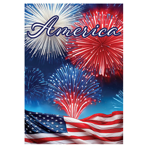 American flag and fireworks with 'America' text on a night background