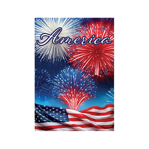 American flag with fireworks and 'America' text on a nighttime background