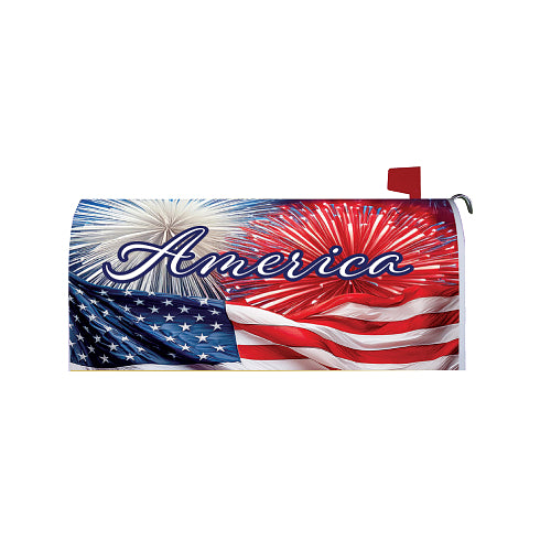 Mailbox cover with American flag, fireworks and the text 'America' on a nighttime background