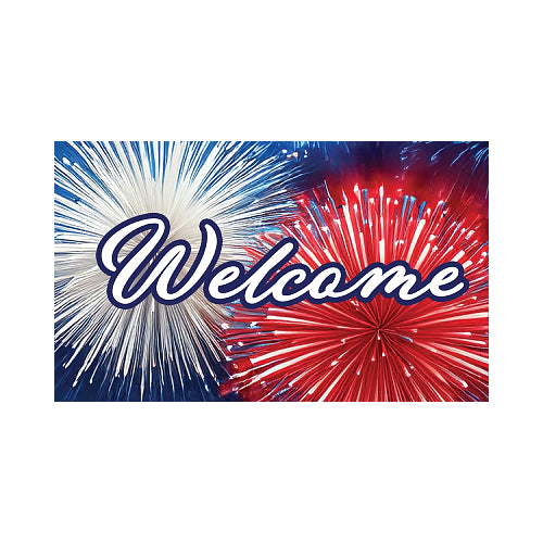 Red, white, and blue fireworks and 'Welcome' text with a nighttime background