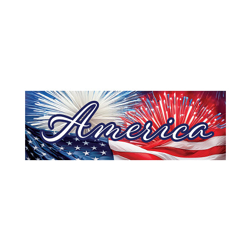 American flag with 'America' text and fireworks on a nighttime background