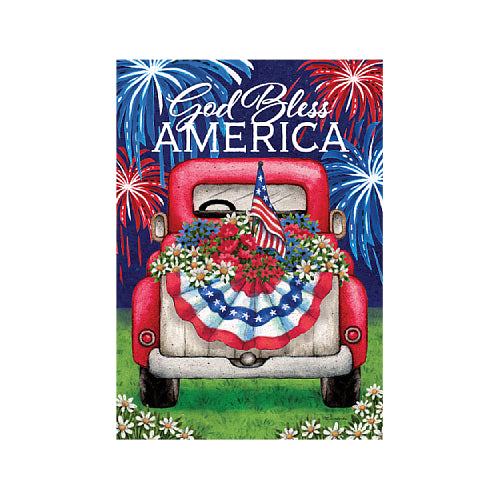Decorative flag with a red truck, American flag, and 'God Bless America' text against a blue background with fireworks.