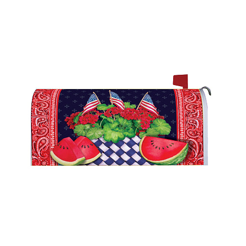Mailbox cover with watermelon, flags, and a checkered tablecloth design.