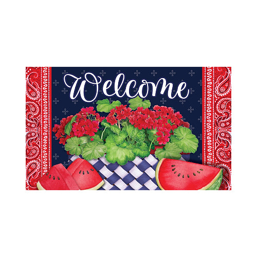 Door mat with 'Welcome' text, red geraniums, watermelons, and a checkered pattern on a black background.