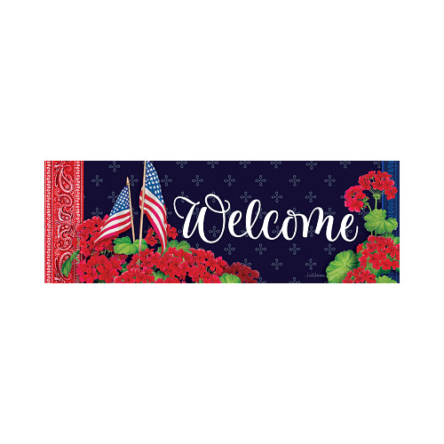 Decorative banner with 'Welcome' text, American flags, and red geraniums on a black background.