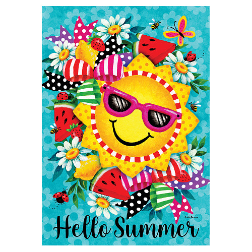 Custom Decor Hello Summer standard size decorative outdoor flag with bright seasonal summer artwork, displayed on a front porch flagpole for summer curb appeal.