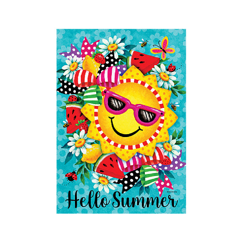 Hello Summer garden size flag by Custom Decor featuring a colorful seasonal design for summer outdoor yard and garden décor.