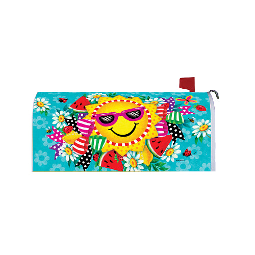 Hello Summer mailbox cover by Custom Decor featuring a colorful seasonal design on a magnetic mailbox cover for summer outdoor décor.