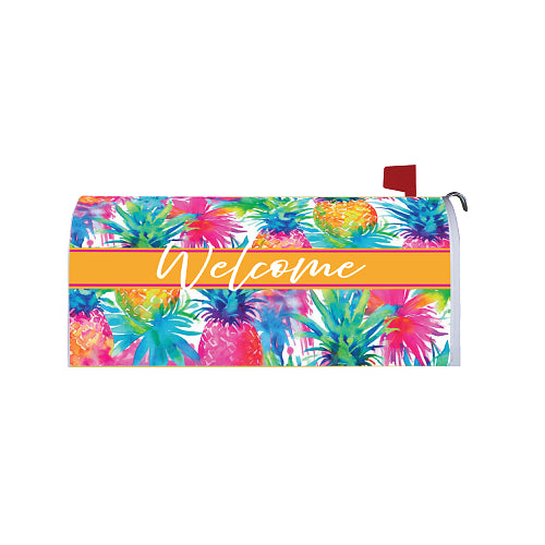 Custom Decor watercolor pineapple mailbox cover with vibrant yellow, green, and pink hand-painted-style pineapple artwork wrapped around a standard residential mailbox