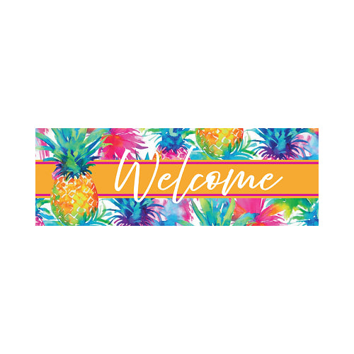 Custom Decor Watercolor Pineapples Signature Sign featuring bold yellow, green, and pink hand-painted-style pineapple artwork, displayed outdoors near a front porch or garden entrance.