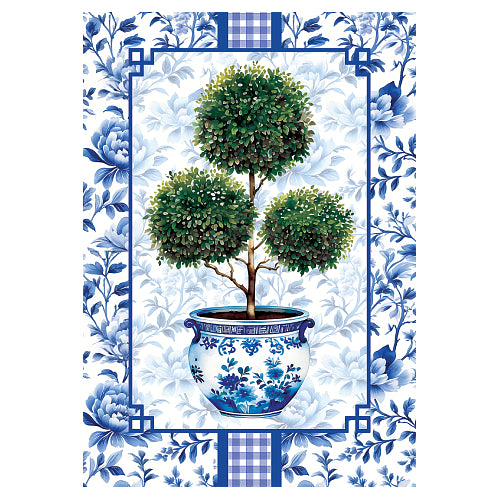 Decorative flag with a potted plant in a blue pot on a white background with blue floral and checkered patterns.