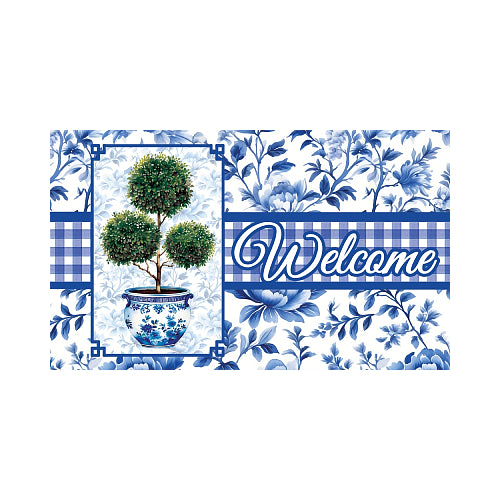 Decorative mat with floral patterns and a potted tree design, featuring the word 'Welcome'.