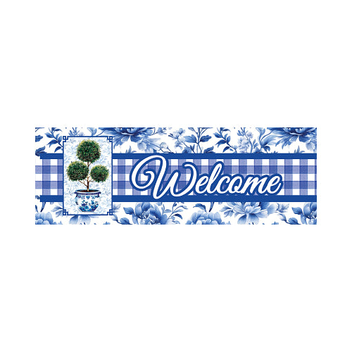 Decorative yard sign with floral patterns, a potted tree, and the word 'Welcome' on a white background.