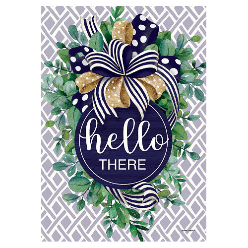Decorative flag with greenery, a bow, and 'hello there' text on a patterned background