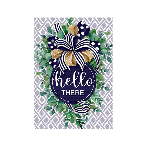 Decorative garden flag with a bow and 'hello there' text on a patterned background