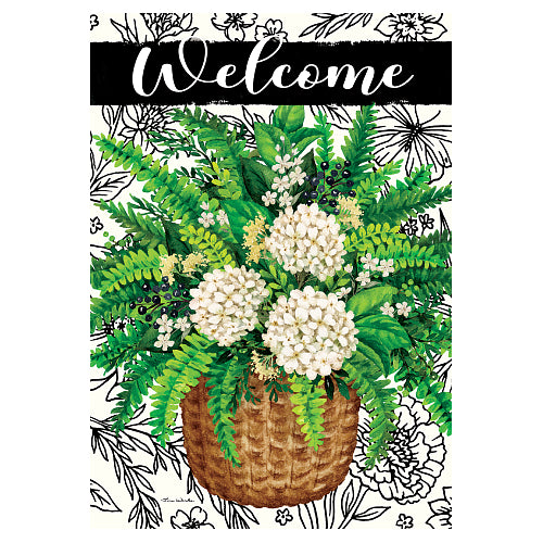 Decorative welcome flag with a basket of flowers and greenery on a white background