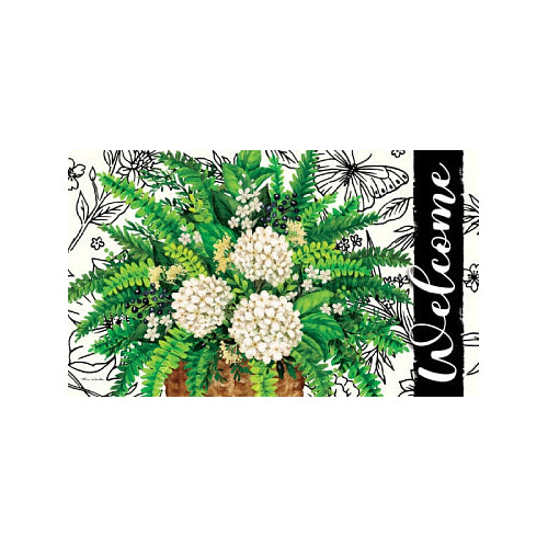 Decorative mat with greenery and white flowers on a white background