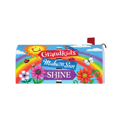 Colorful mailbox cover with rainbow, sun, flowers, and text "Grandkids Make the Sun Shine" on a sky background