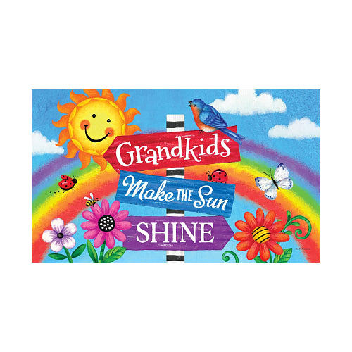 Colorful sign with a sun, rainbow, flowers, and text 'Grandkids Make the Sun Shine' on a blue sky background.
