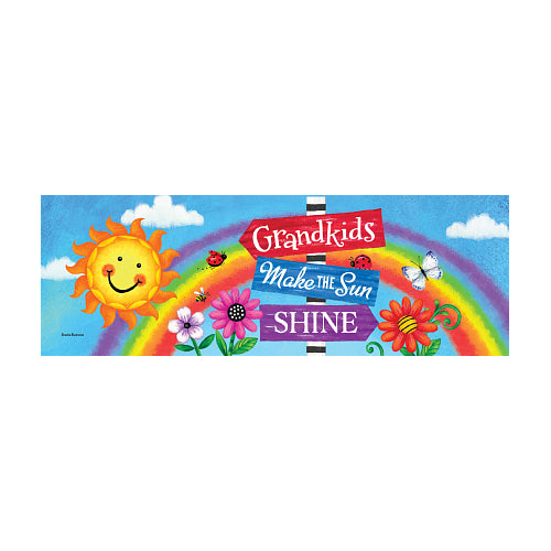 Colorful yard sign with sun, rainbow, flowers, and text 'Grandkids Make the Sun Shine' on a blue sky background.
