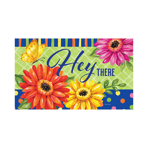 Colorful doormat with flowers, butterfly, and text 'Hey There' on a green background