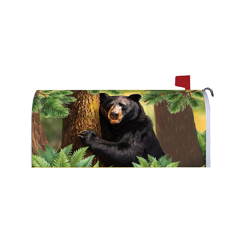 Custom Decor Black Bear all-weather vinyl mailbox makeover cover with UV-cured ink, shown on a standard metal mailbox