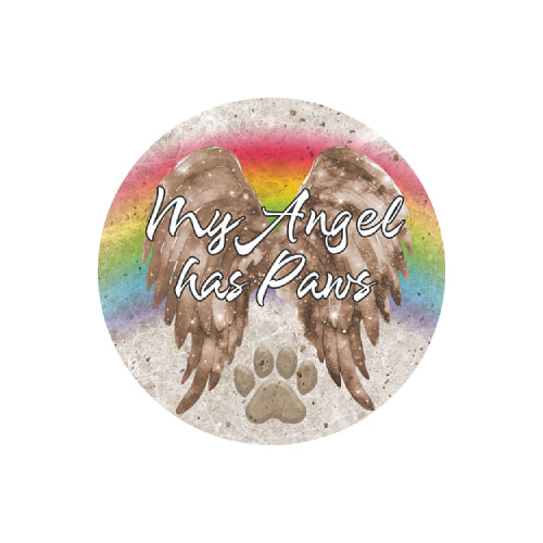 A circular graphic design featuring brown angel wings, a paw print, and a rainbow background with the text 'My Angel has Paws' in white script.