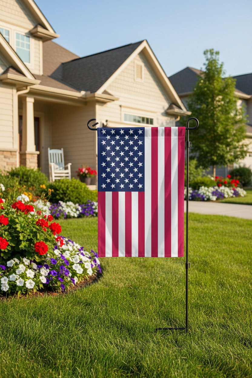 American Flag vinyl garden flag #5931WC displayed in a front yard, featuring the classic red, white, and blue Stars and Stripes design.
