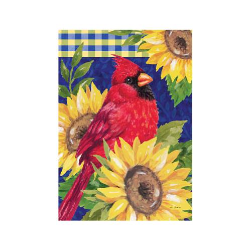 A decorative garden flag featuring a bright red cardinal perched among large yellow sunflowers on a dark blue background with a blue-and-yellow gingham border at the top.