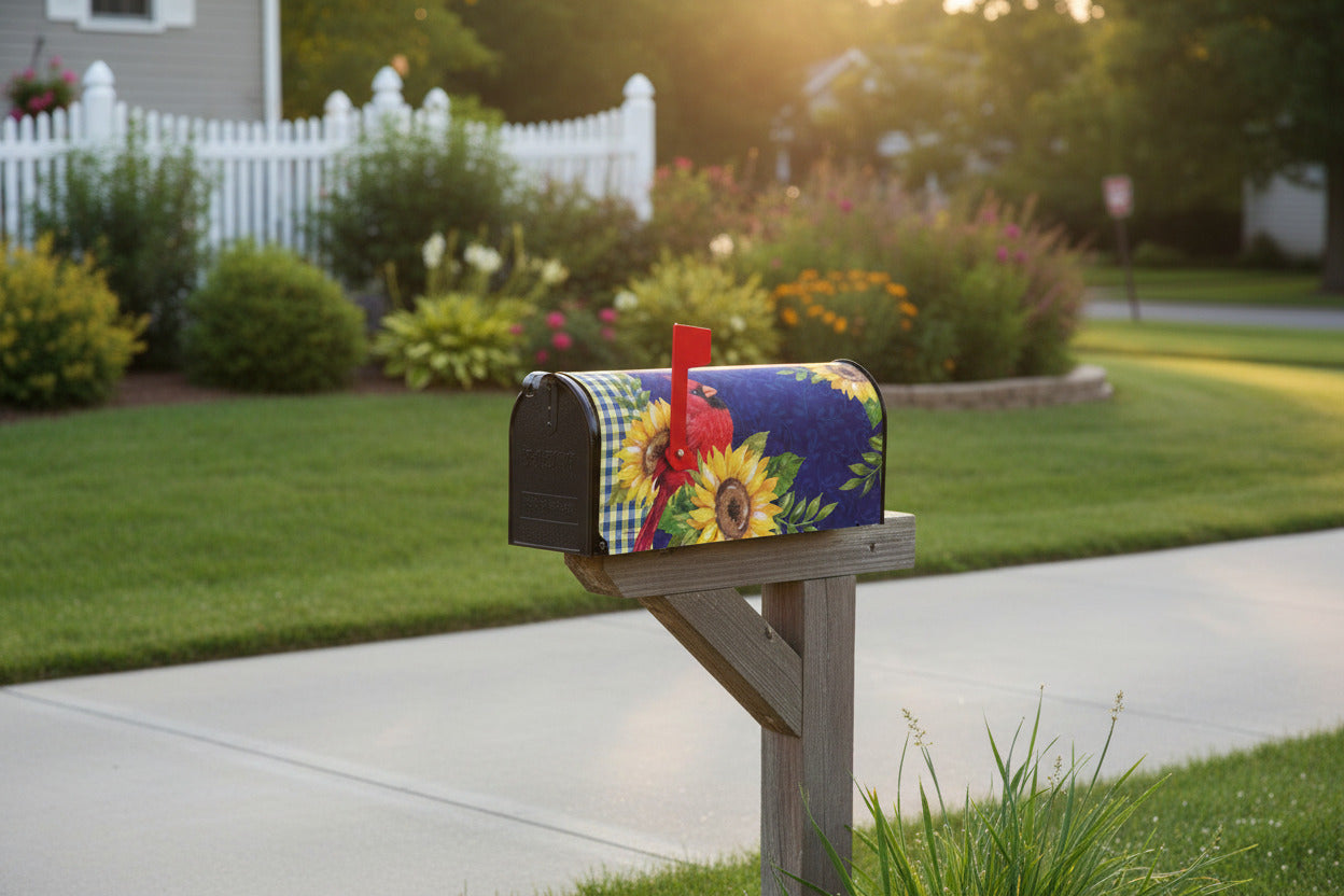 Cardinal and Sunflowers Fall magnetic mailbox cover with cardinal and sunflowers
