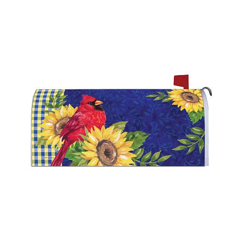 A decorative mailbox cover featuring a vibrant design with a red cardinal, yellow sunflowers, green leaves, and a blue background.