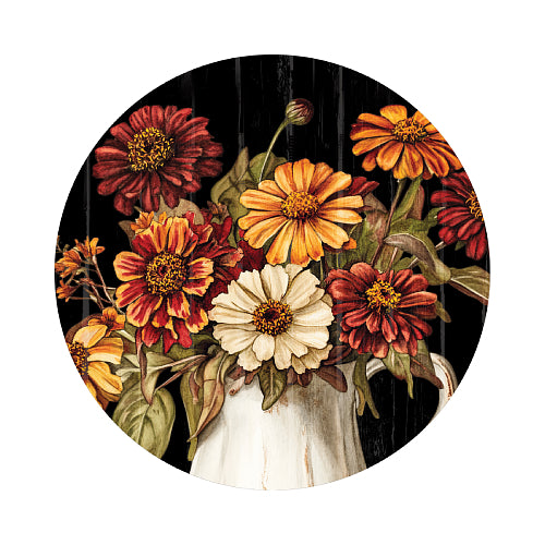 Vintage Fall Flowers suncatcher with rustic zinnia bouquet in a white pitcher