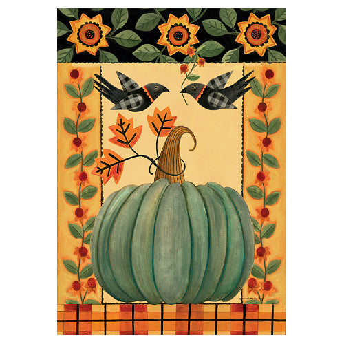 FOLK ART PUMPKIN Standard Size Fall Flag - folk art teal pumpkin with plaid blackbirds, sunflowers and fall leaves on a warm autumn background, standard decorative fall flag by Custom Decor