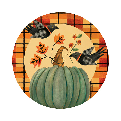 Folk Art Pumpkins suncatcher with a folk-art pumpkin and blackbirds