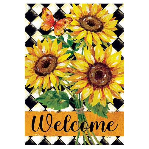 Sunflower Harlequin standard size fall flag with sunflowers and butterfly