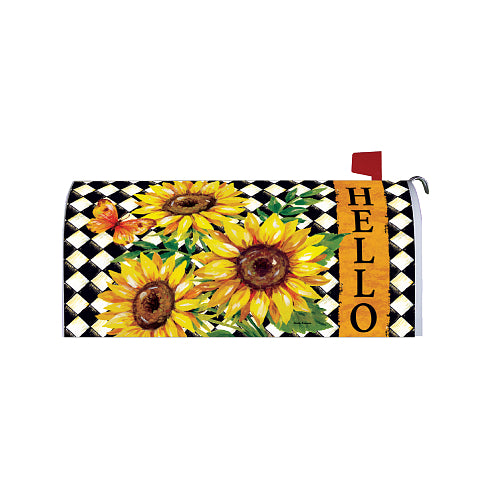 Sunflower Harlequin fall mailbox cover with sunflowers and Hello greeting