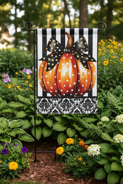 Elegant Pumpkin polka-dot garden size Fall flag with black bow for garden decor