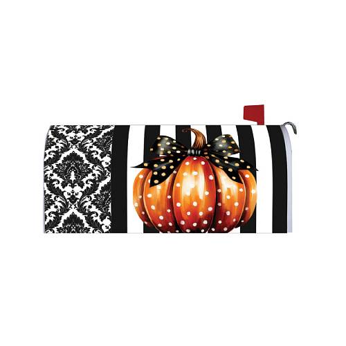 Elegant Pumpkin polka-dot Fall magnetic mailbox cover with black bow