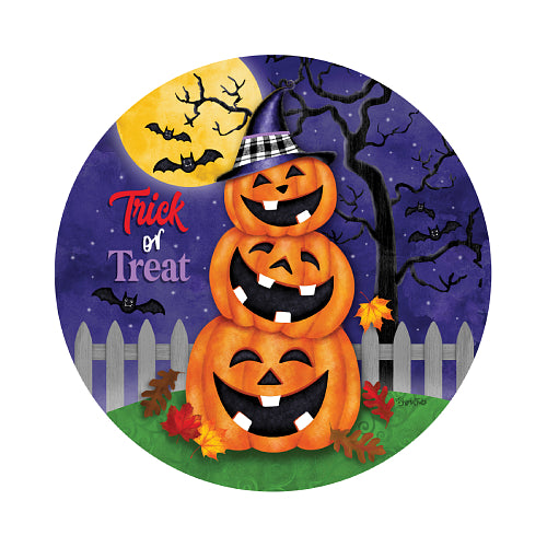 Halloween Stack suncatcher with stacked jack-o'-lanterns in a witch hat and full moon