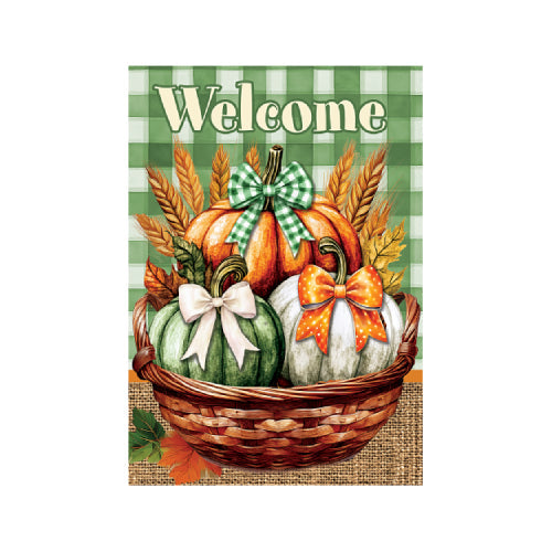 Pumpkin Bows Basket garden flag with basket of pumpkins and bows