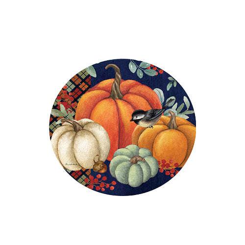 Pumpkin Home chickadee and pumpkins 8 inch translucent PVC suncatcher