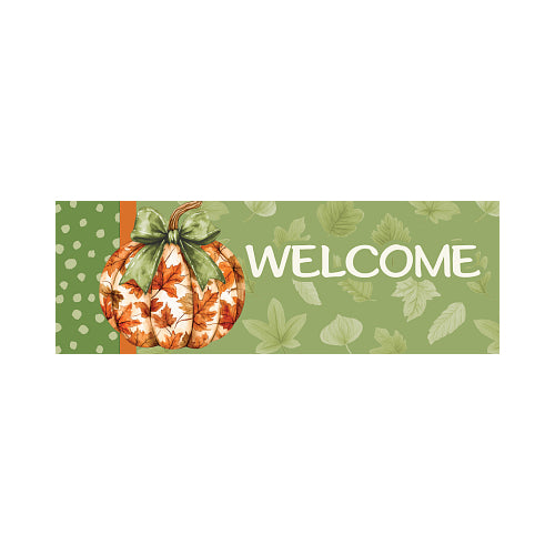 Decorative welcome sign with pumpkins and leaves on a green background