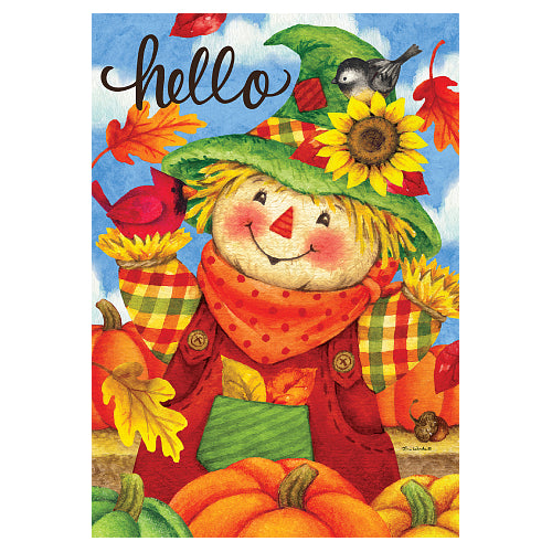 HELLO SCARECROW Standard Size Fall Flag - cheerful smiling scarecrow with sunflower hat surrounded by pumpkins and colorful fall leaves with hello script, standard decorative fall flag by Custom Decor