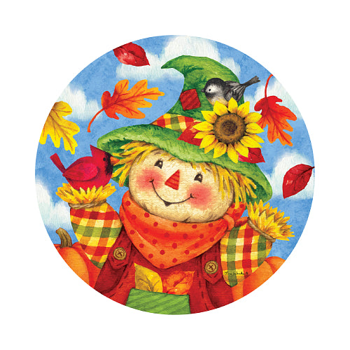 Hello Scarecrow suncatcher with a scarecrow, cardinal, chickadee, and sunflower