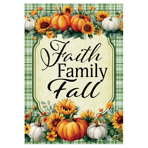 FAITH FAMILY FALL Standard Size Fall Flag - Faith Family Fall script lettering with orange pumpkins, white gourds and sunflowers on a green plaid background, standard autumn flag by Custom Decor