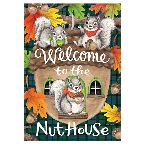 NUTHOUSE SQUIRREL standard size Fall house flag with squirrels and acorn nut house