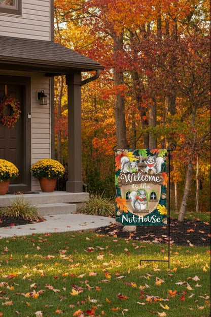 NUTHOUSE SQUIRREL garden size Fall flag with squirrels and acorn nut house