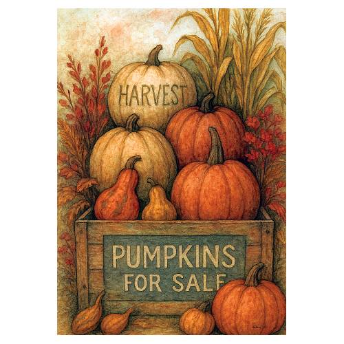 Rustic Pumpkins standard size Fall house flag with harvest crate of pumpkins and corn stalks