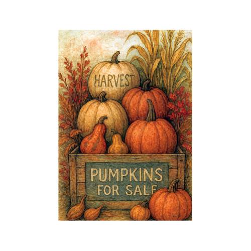 Rustic Pumpkins garden size Fall flag with harvest crate of pumpkins and corn stalks
